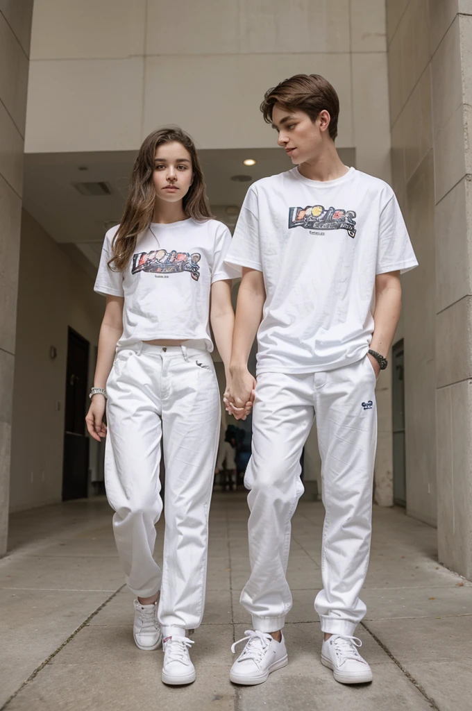 heterosexual couple of -yeld tes holding hands, a boy and a girl, both in white t-shirts, white pants, white sneakers, seen from the front and with black bracelets on their arms holding hands. both the same height. The couple's arms should be close. the photo must show both of them in full body. Both clothes must be completely white. emphasis on them being full-length in the photo.