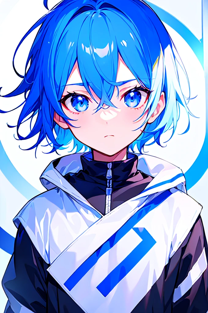 [(WHITE BACKGROUND:1.5),::5], ((((masterpiece)))), high quality, ultra very high resolution, full color, (((solo))), (()), oriental Blue hair, (oriental blue eyes), anime, ((upper body)), neon light, black parka, 