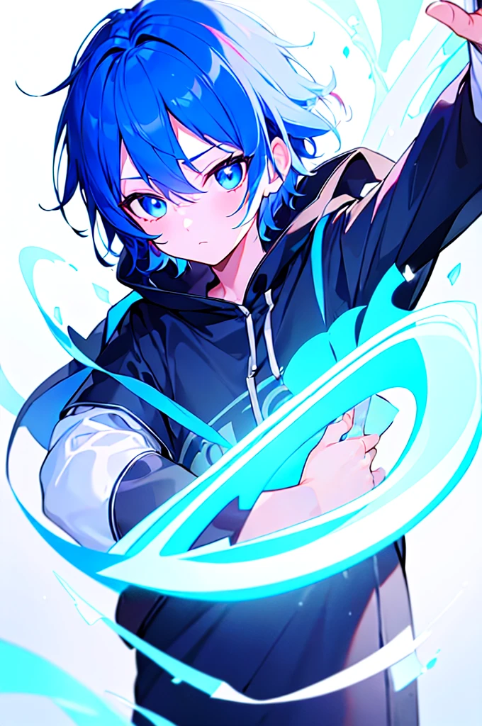 [(WHITE BACKGROUND:1.5),::5], ((((masterpiece)))), high quality, ultra very high resolution, full color, (((solo))), ((little boy)), oriental Blue hair, (oriental blue eyes), anime, ((upper body)), neon light, black parka, 