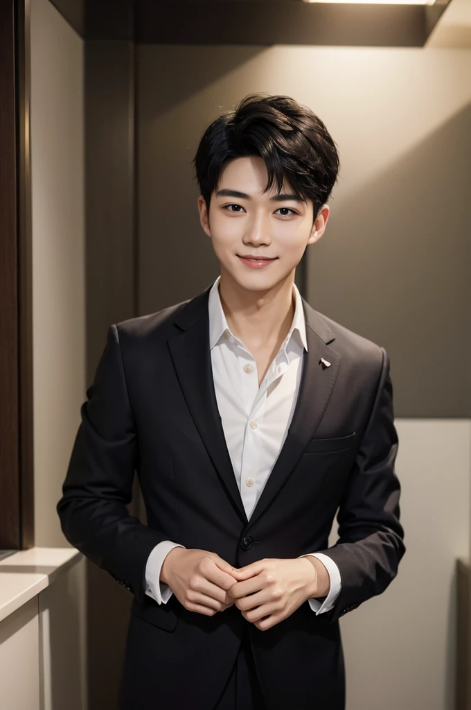 (Masterpiece、Perfect beauty), (Young Man, Black short hair, smile), (secretary, suit), President's office, Modern Office,
