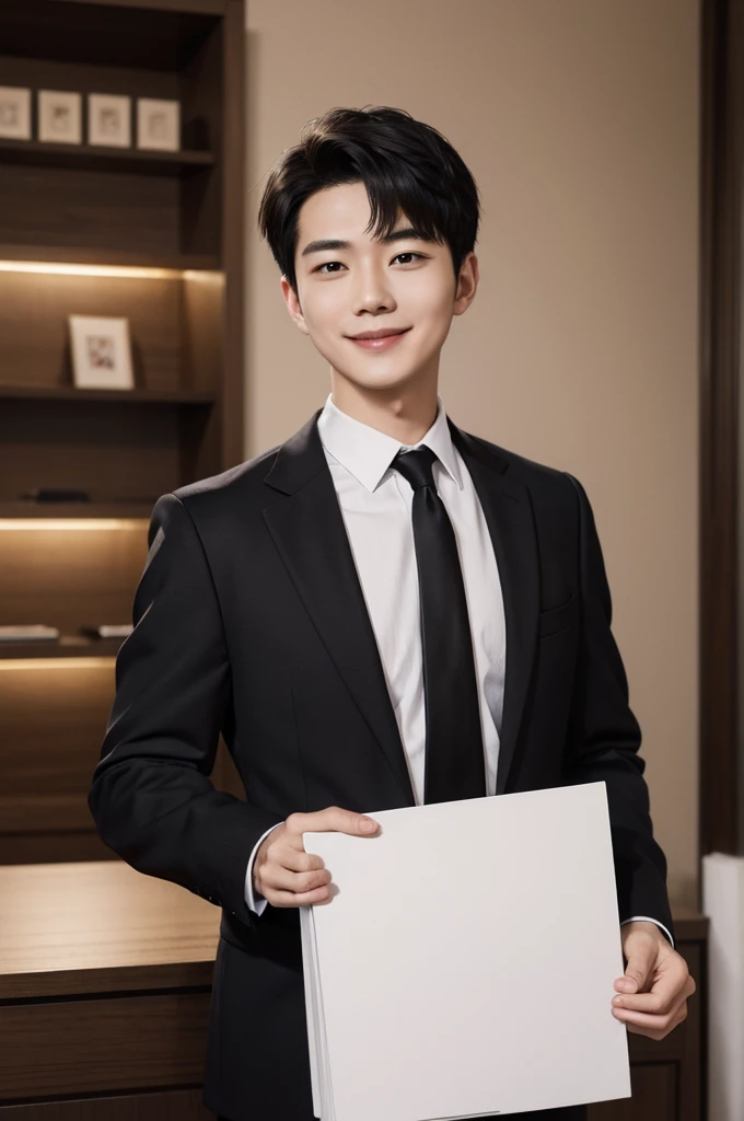(Masterpiece、Perfect beauty), (Young Man, Black short hair, smile), (secretary, suit), President's office, Modern Office,