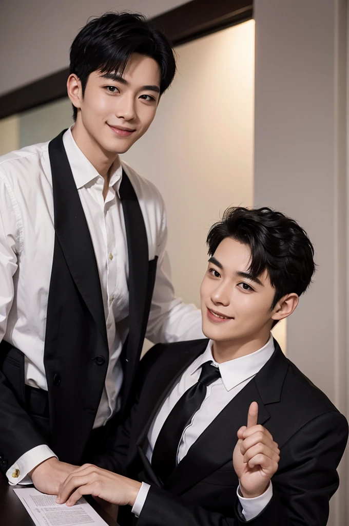 (Masterpiece、Perfect beauty), (Young Man, Black short hair, smile), (secretary, suit), President's office, Modern Office,