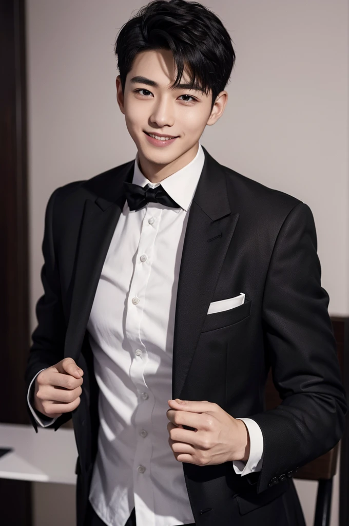 (Masterpiece、Perfect beauty), (Young Man, Black short hair, smile), (secretary, suit), President&#39;s office, Modern Office,