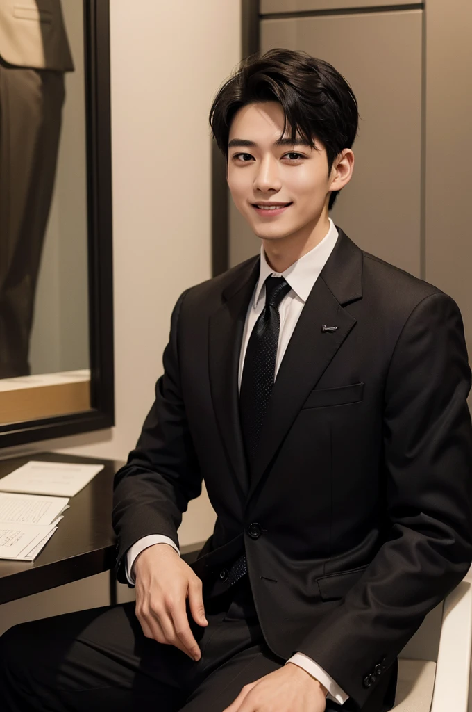 (Masterpiece、Perfect beauty), (Young Man, Black short hair, smile), (secretary, suit), President's office, Modern Office,