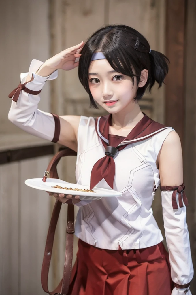 nagaraKC, 1girl, solo, short hair, skirt, ,detached sleeves, serafuku, sailor collar, neckerchief, headband, red skirt, one side up, red sailor collar,white thighhighs,