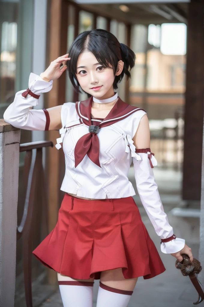 nagaraKC, 1girl, solo, short hair, skirt, ,detached sleeves, serafuku, sailor collar, neckerchief, headband, red skirt, one side up, red sailor collar,white thighhighs,