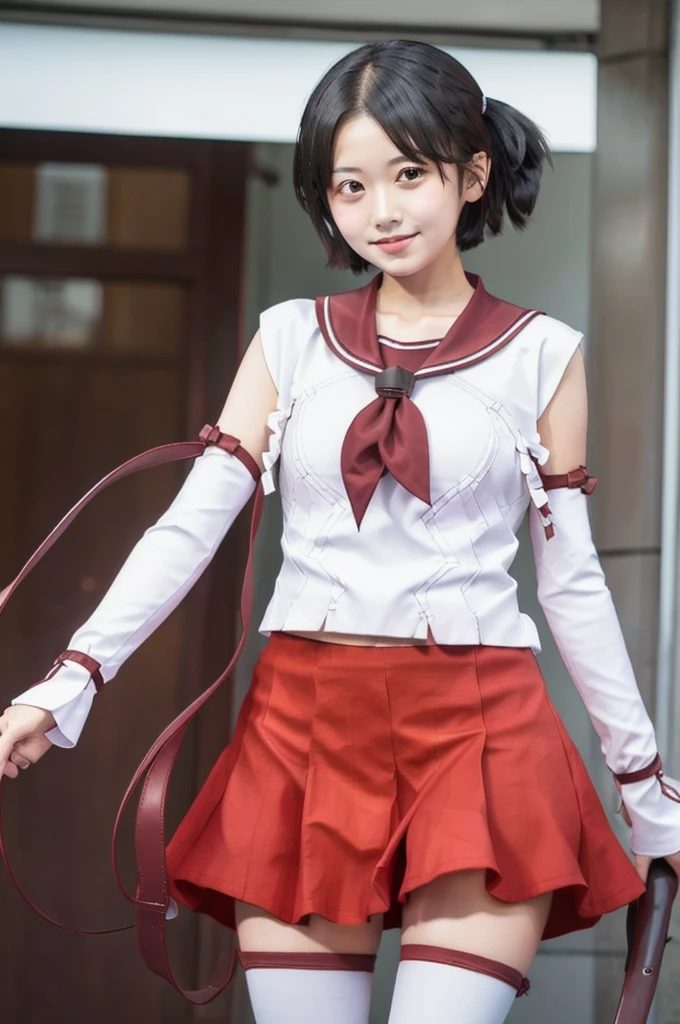 nagaraKC, 1girl, solo, short hair, skirt, ,detached sleeves, serafuku, sailor collar, neckerchief, headband, red skirt, one side up, red sailor collar,white thighhighs,