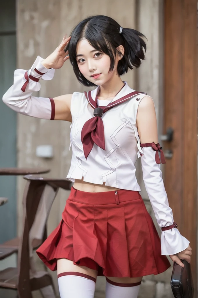 nagaraKC, 1girl, solo, short hair, skirt, ,detached sleeves, serafuku, sailor collar, neckerchief, headband, red skirt, one side up, red sailor collar,white thighhighs,