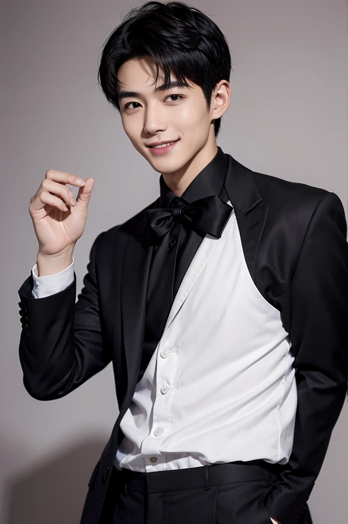 (Masterpiece、Perfect beauty), (Young Man, Black short hair, smile), (secretary, suit), President's office, Modern Office,