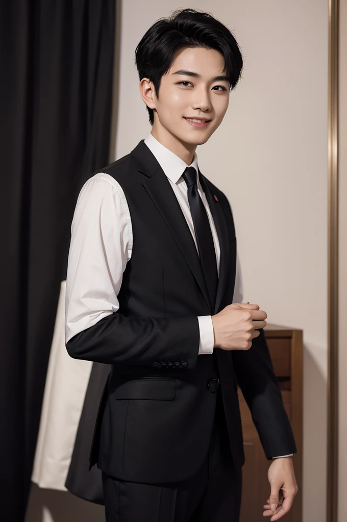 (Masterpiece、Perfect beauty), (Young Man, Black short hair, smile), (secretary, suit), President's office, Modern Office,
