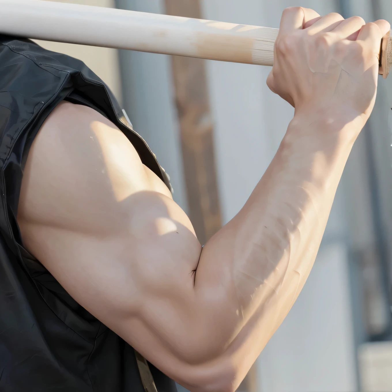 there is a man holding a baseball bat in his hand, detailed arms, close up photography, jungkook arm