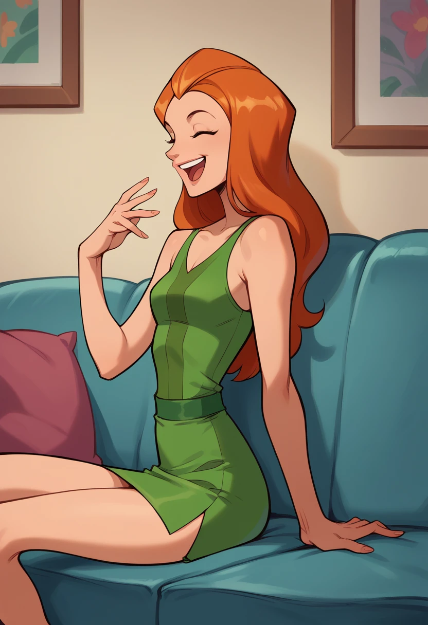 pov, sam, totally spies, orange hair, green eyes, laying on stomach, bed, bare shoulders, midriff, pink skirt, feet, notebook, smile, looking at viewer, half-closed eyes, pink top