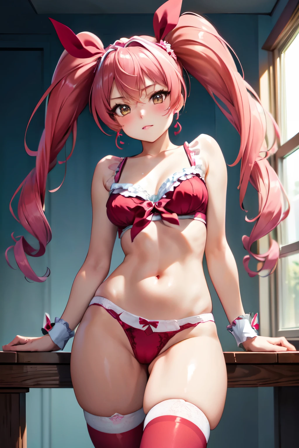 masterpiece, Highest quality, High resolution, One Girl, alone,Twin tails, Long Hair、Redhead, Brown eyes,prison、((Cure Melody))、(Thigh-high socks)、(panties), (In underwear), (Flashy underwear), (lingerie), 