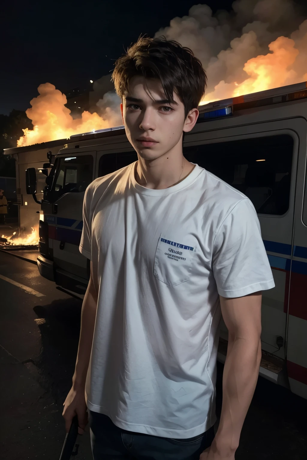 Draw a young boy of approximately 23 years old with a concentrated and sexy look with a scar on his lip, standing next to a police station on fire. He is standing in front of it with a knife in his right hand that has a noticeable scar but not that big., surrounded by flames. The spectacular lighting of the fire illuminates the scene and his clothes, casting deep shadows on the shirt the young man was wearing. The young man seems serious and serene.