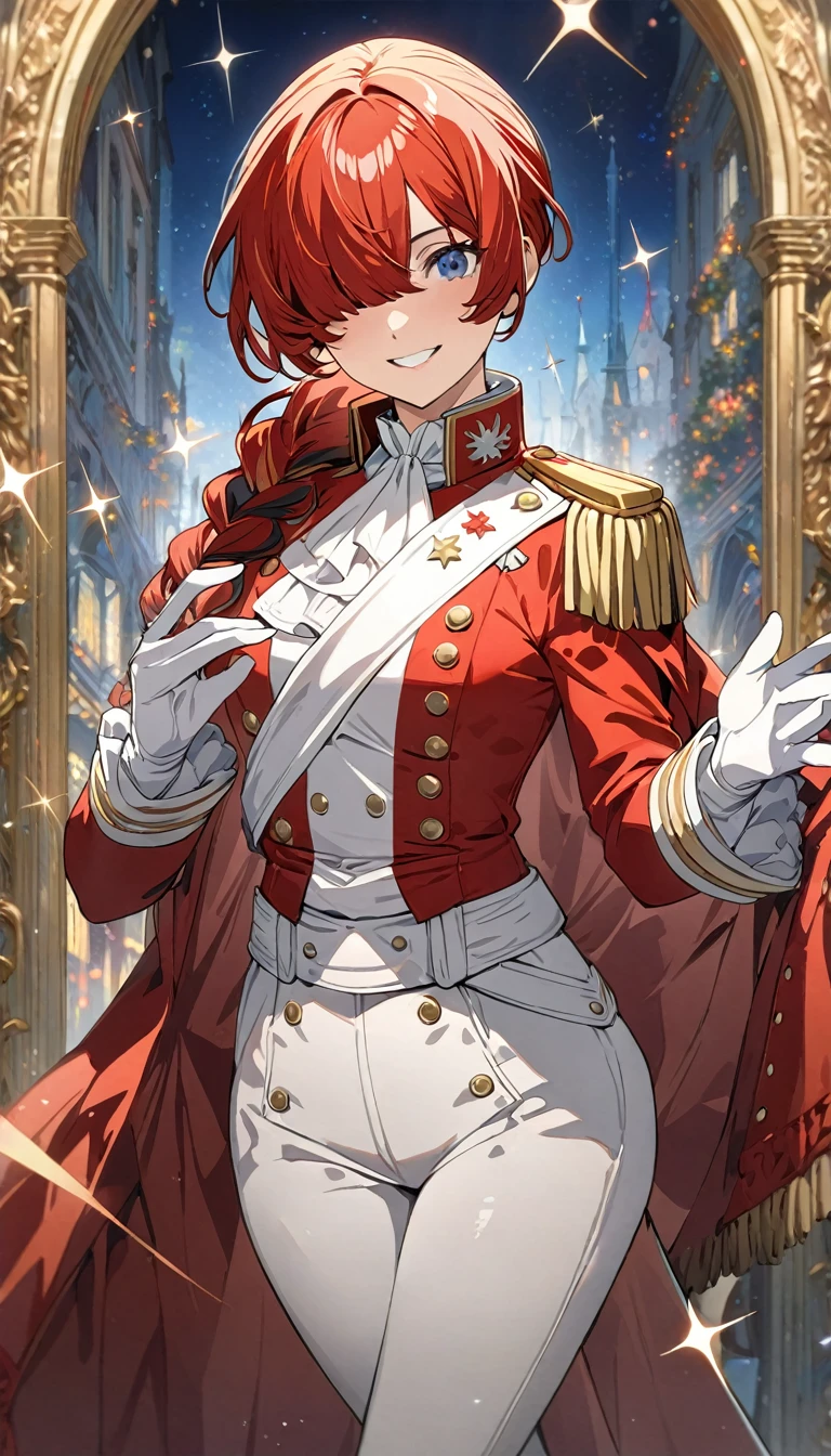 ((best quality)), ((masterpiece)), (detailed face and eyes), detailed hands and fingers, perfect face, accurate, textured skin, high details, multicolored hair, hair over shoulder, hair over eyes, tareme, smile, Expressionism, anime, sparkle, Military uniform, Woman dressed as Napoleon, cowboy shot