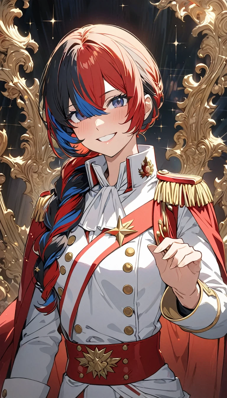 ((best quality)), ((masterpiece)), (detailed face and eyes), detailed hands and fingers, perfect face, accurate, textured skin, high details, multicolored hair, hair over shoulder, hair over eyes, tareme, smile, Expressionism, anime, sparkle, Military uniform, Woman dressed as Napoleon, cowboy shot