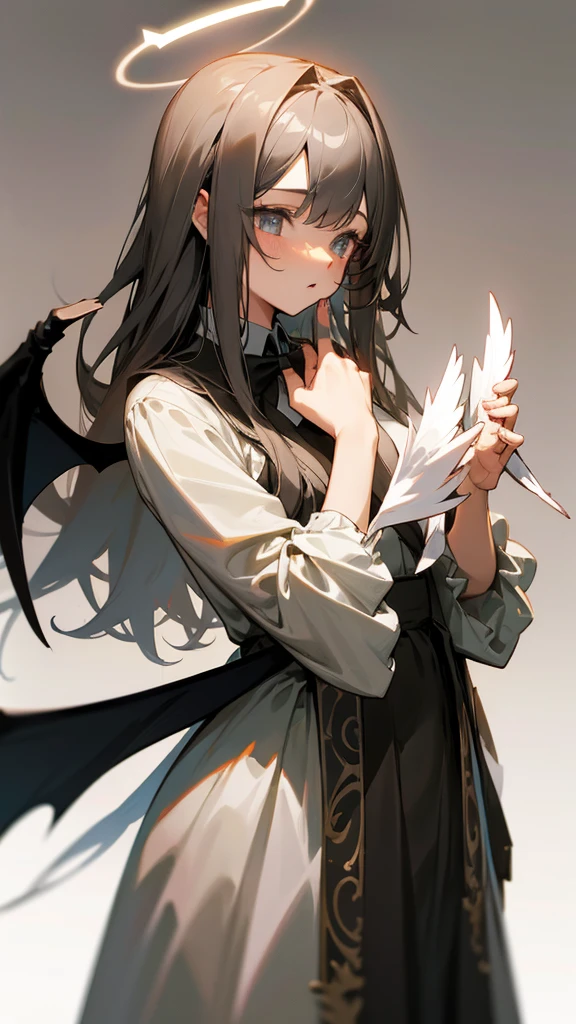 Anime girl wearing grey long hair with an angel dress and wings With halo and holding a girl hands with long dark hair and a bat dress the background is white