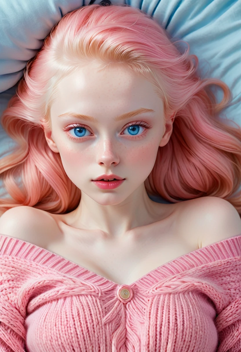 (lying in bed masturbating), there is a Russian woman, extremely beautiful and very albino with freckles, extremely fine, big bright blue eyes, wearing a pink sweater, bared shoulders, symmetrical body, fully corporeal, sensualizing, pouting with an orgasmic expression, highly exciting, ultra-realistic image, perfect symmetry, vibrant and clear, dynamic view, high level of detail and definition, 1200 PPI – Photographic resolution with greater central realism, hyper-realistic, high-fidelity cinematic 4K UHD image resolution.