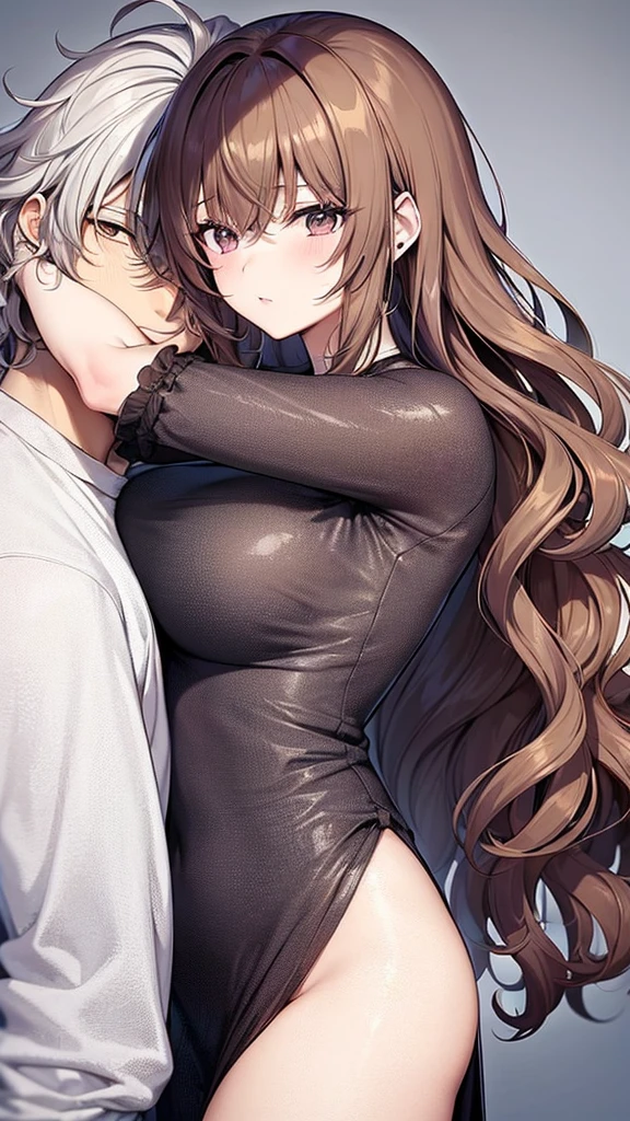 ((best qualityer)), ((anime lineart)), a tall woman with bangs and wavy hair, She is hugging a man with wavy hair with a strand of hair behind his right ear and also a strand of hair behind his left ear., his skin color is brown