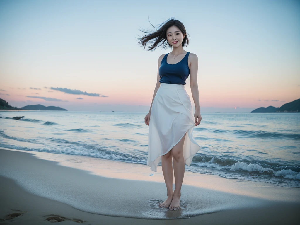 8K, blue, Beautiful 36-year-old short Korean woman, Chest size 34 inches, Wear sleeveless, light skirt. beautiful pretty woman look , wearing a light skirt , Short medium hair blowing in the wind, 키 작은 1 woman, beautiful eyes, I smile, Full-body photo taken from afar with a wide-angle lens, The background is clean and perfect., standing on a beautiful beach, wearing a light white skirt, 1 woman, Short in stature