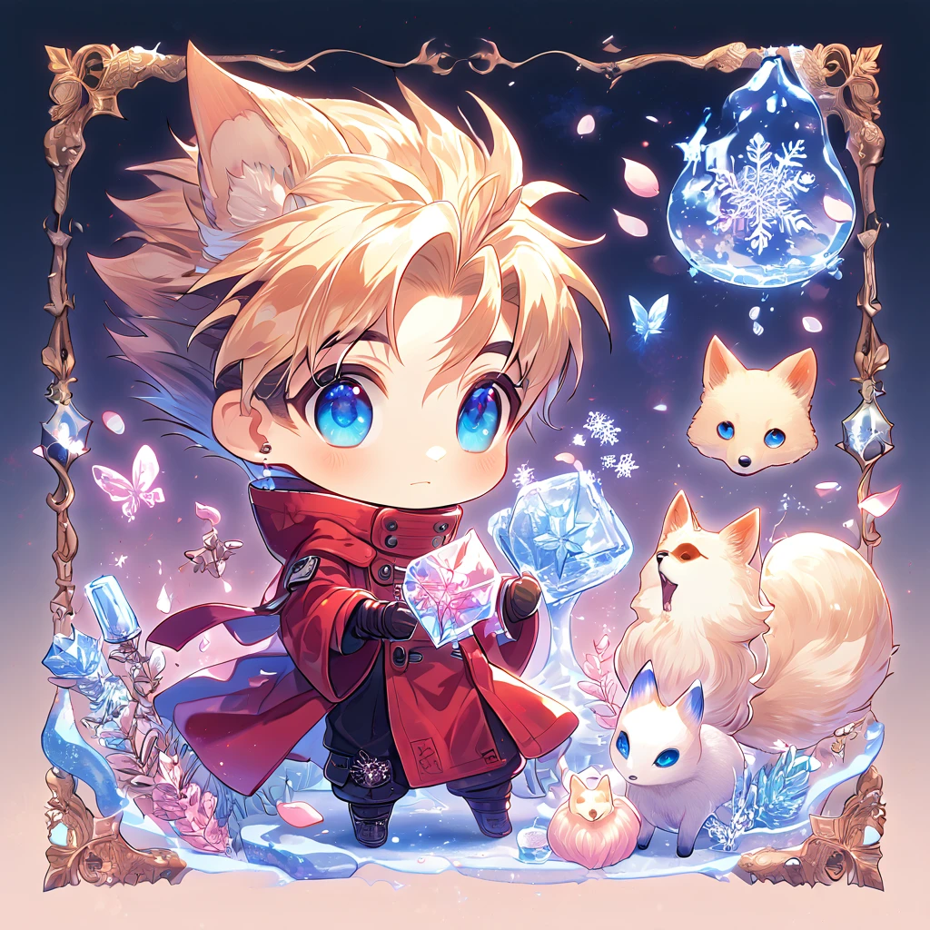 Ultra detailed, HDR, Highres, absurdres, master piece, Vash Stampede chibi, blond hair, expressive blue eyes, red clothes, Trigun, white fox, Ninetales, expressive blue eyes, glass, ice glittering butterflies, ice, petals, pink ice glass flowers, cute, glittering, water, fantasy, magical, snowflakes, cold, small and cute, glass