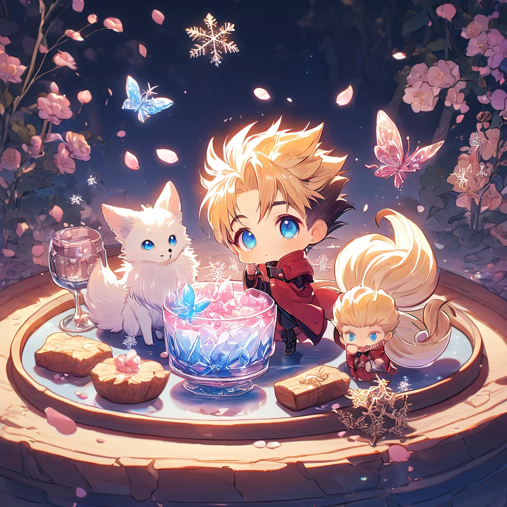 Ultra detailed, HDR, Highres, absurdres, master piece, Vash Stampede chibi, blond hair, expressive blue eyes, red clothes, Trigun, white fox, Ninetales, expressive blue eyes, glass, ice glittering butterflies, ice, petals, pink ice glass flowers, cute, glittering, water, fantasy, magical, snowflakes, cold, small and cute, glass