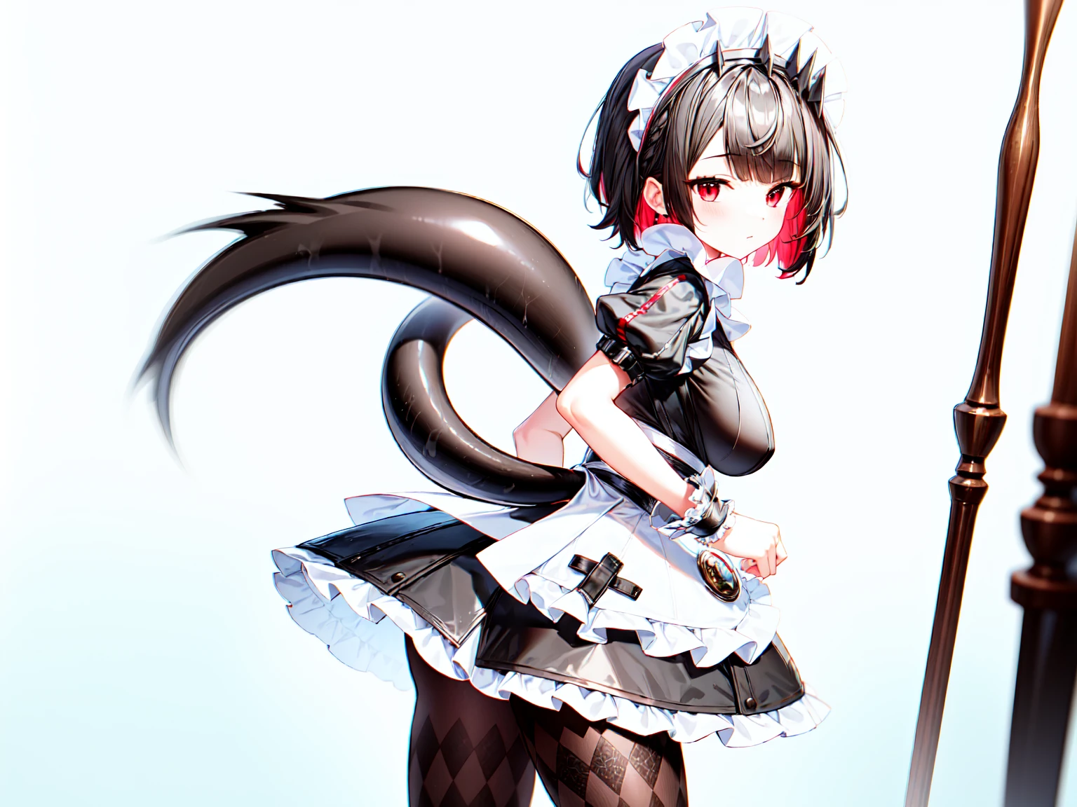 1girl, solo, breasts, red_eyes, colored_inner_hair, pantyhose, black_hair, tail, dress, short_sleeves, looking_at_viewer, maid, wrist_cuffs, red_hair, large_breasts, ass, apron, short_hair, maid_headdress, multicolored_hair, black_dress, puffy_sleeves, bangs, frills, puffy_short_sleeves, smile, white_apron, two-tone_hair, closed_mouth, black_pantyhose, bow, cowboy_shot, maid_apron, looking_back, frilled_apron, standing