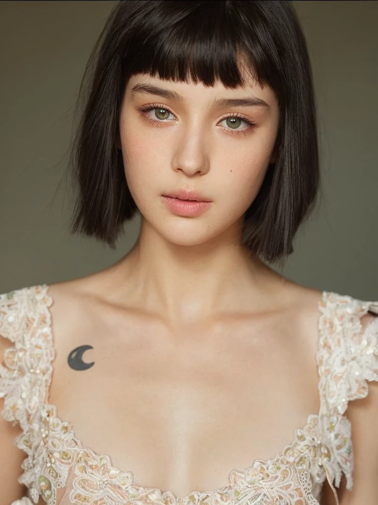 age girl with clean pale skin and silky soft black hair, with small pink lips and a small, thin potato nose and light green eyes , taking a photo looking at the camera and good quality