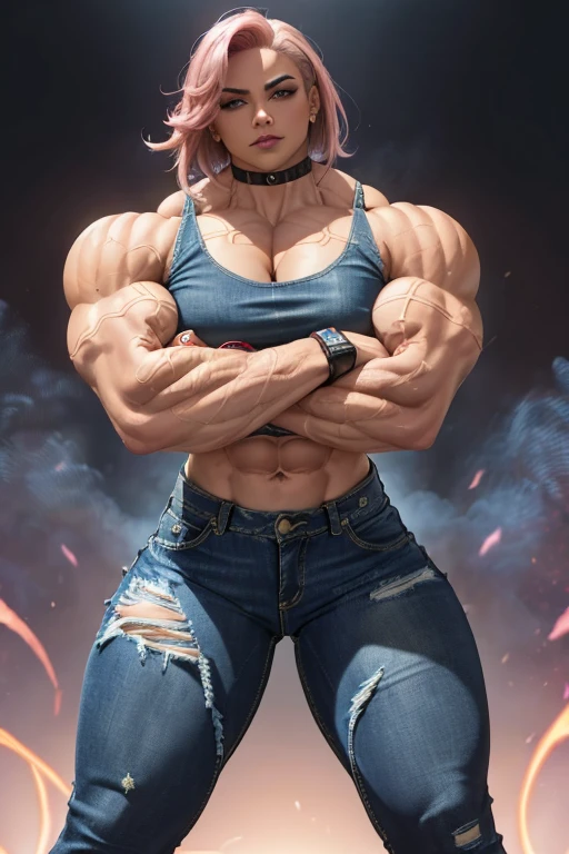 ((((Massive, beautiful, buff, light brown skinned muscular woman with shocking pink hair, black lipstick, ginormous bulky muscles, crossed arms and wearing a denim jacket and a tight denim pants)))), (close view), massive muscles, hyper muscles, (angled bob hair), ((tight tank top)), tight tank top, red eyes, choker, (((denim jacket))), (denim gloves), high heel boots, pink colored flames, (pink fire background), closed smile, night, ginormous arms