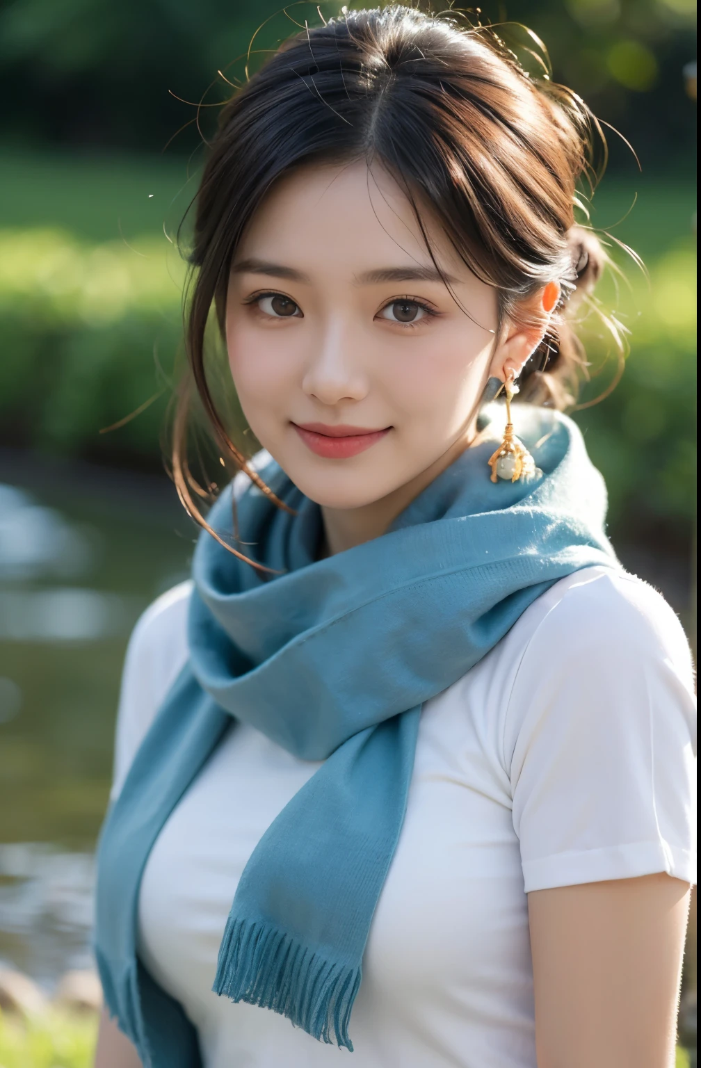 Portrait of lovely woman in bright windy field, River background，watercourse, The fish jumps out of the water，(Backlight),detail， Practical,Upper Body，best quality, detail，Serious, In the shadows, bloom, [[Chromatic Aberration]，Natural skin texture，scarf，Wearing flowers on the head，Hair tied up，Low-cut，Big Breasts，Deep groin，earrings，necklace，Smile，Transparent Indian Shirt，,Light Blue，embroidered