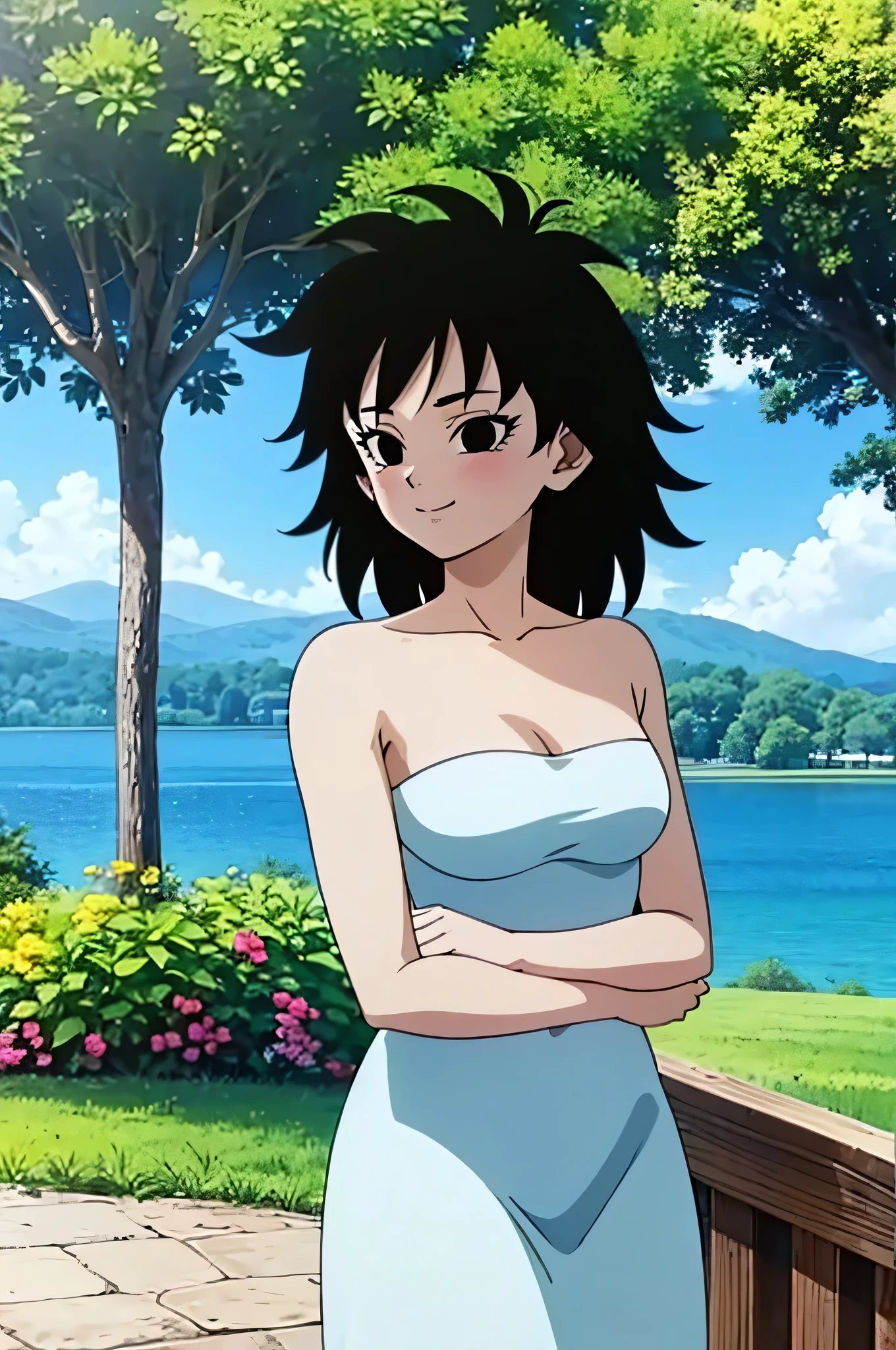 anime screencap, masterpiece, best quality, highres, outdoors, small breasts, gine, spiky black hair, 1 girl, Solo, Black Eyes, Good hands are down, Light Smile, Blushing, Bare Neck, strapless, White Ruffle Off the Shoulder top, white maxi skirt. Cowboy shot. looking at viewers, garden, a lake, a gazebo, blue skies, standing up straight
