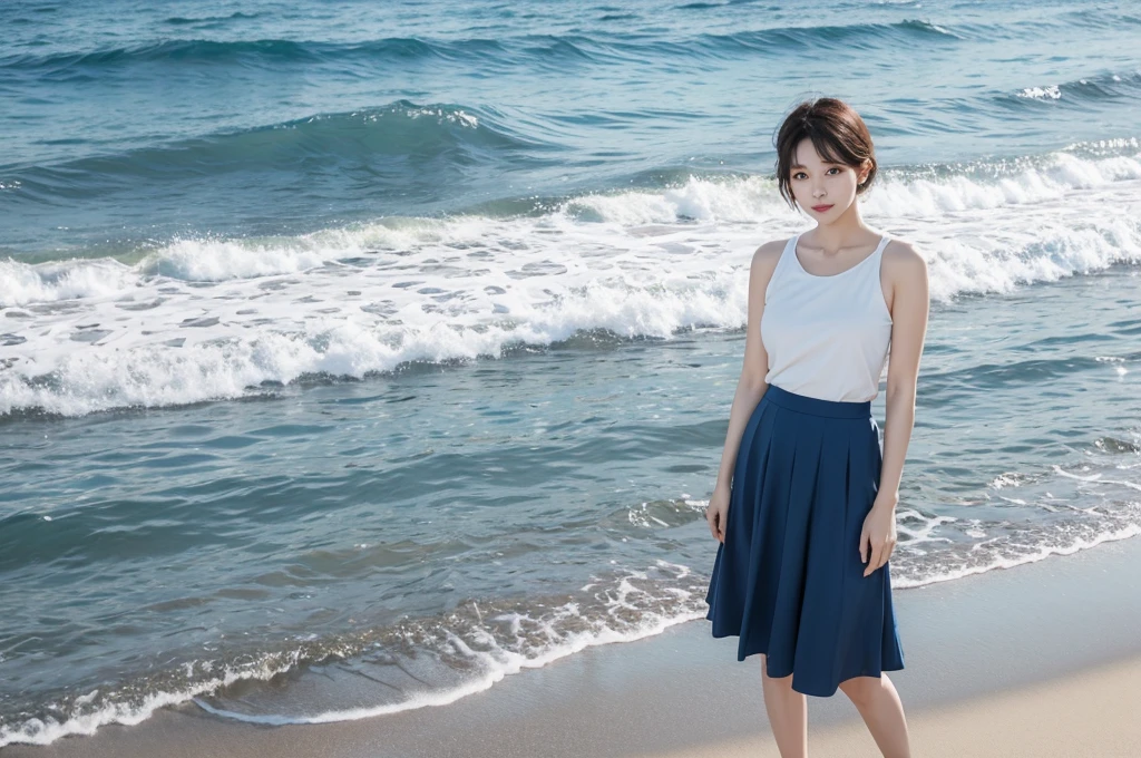 8K, 35 year old Korean woman, Inspired by Son Ye-jin. realistic, lifelike photo, Realistic appearance of nature, , blue. calm waves. Viewed from a distance with a wide-angle lens , wore a light skirt. Front view of a beautiful woman, , 1 woman, 바람에 약간 휘날리는 short medium hair , Looking at the camera, short medium hair, standing on the beach, wearing a light white skirt