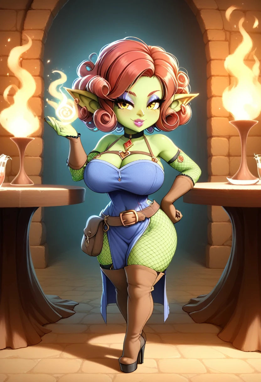 Girl, goblin girl, goblin, green skin, short, short stature, short hair, red hair, curly hair, large breasts, long gloves, thigh boots, pouty lips, masterpiece, best quality, sexy, dynamic pose, 8k, shortstack, sfw, shiny, fantasy, dungeons and dragons, high heels,  fishnets, holding, dark green skin, adventurer, slutty pose, sorcerer, sorceress, pyromancer, fire and ice, magic, fire and ice magic, long detailed slutty colorful dress, thigh pouch, very curly hair, lots of belts, curly hairstyle, lipstick, rosy cheeks, smile, eyeshadow, eye liner, belt on hip, magic, magic dress, very detailed, magic user, puffy lips, bright colors, pose bending  over table, location fantasy tavern, view across the table, foreground table