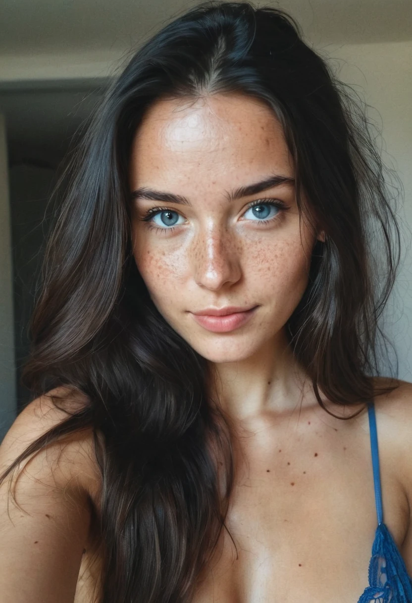 instagram selfie , a 23 year old gorgeous woman , slight smile , detailed skin face and eyes , natural lighting , at home , long hair, topless , film grain, low contrast, natural face , freckles , black hair , blue eyes, dark circles under eyes, lingerie, perfect body