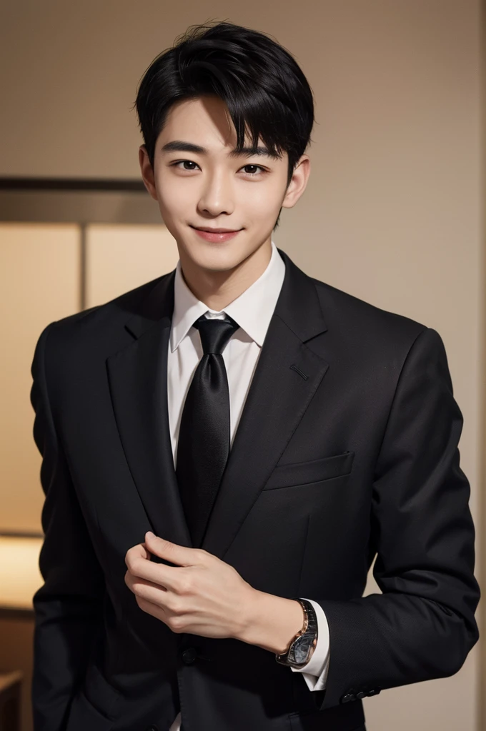 (Masterpiece、Perfect beauty), (Young Man, Black short hair, smile), (secretary, suit), President's office, Modern Office,