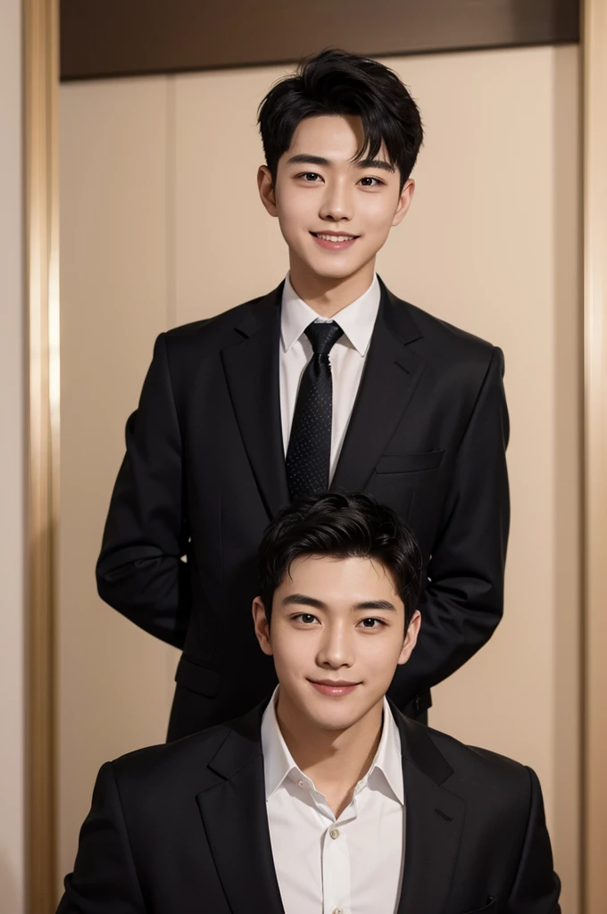 (Masterpiece、Perfect beauty), (Young Man, Black short hair, smile), (secretary, suit), President's office, Modern Office,