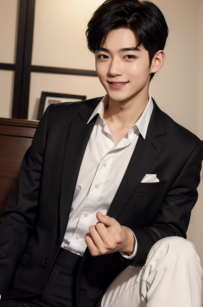 (Masterpiece、Perfect beauty), (Young Man, Black short hair, smile), (secretary, suit), President's office, Modern Office,