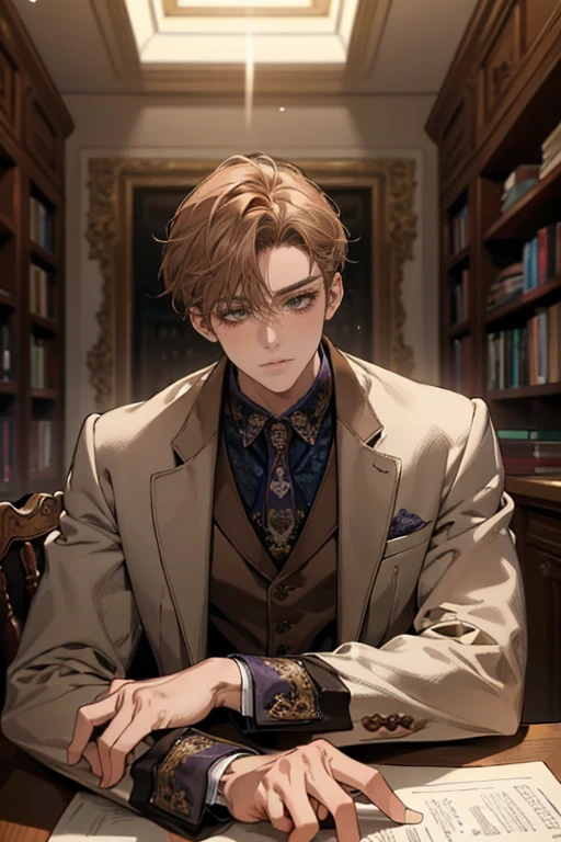 (Masterpiece artwork, high resolution, ultra detali:1.0), (1 young boy, young male), Eyes looking at the camera, perfect male body, extremely detailed CG, 8 k wallpaper, Complicated Details, just people, face detailed,(chestnut hair, eyes browns, white  shirt, brown overcoat,brown suit vest, cups, shadowy face, Sit in front of the laptop, Behind her is a large bookshelf, sitting at the work table, I was in the workroom), Color difference, Depth of field, dramatic shadow, Ray tracing, best qualityer, cinematic lighting, Dark lighting of the room, offcial art