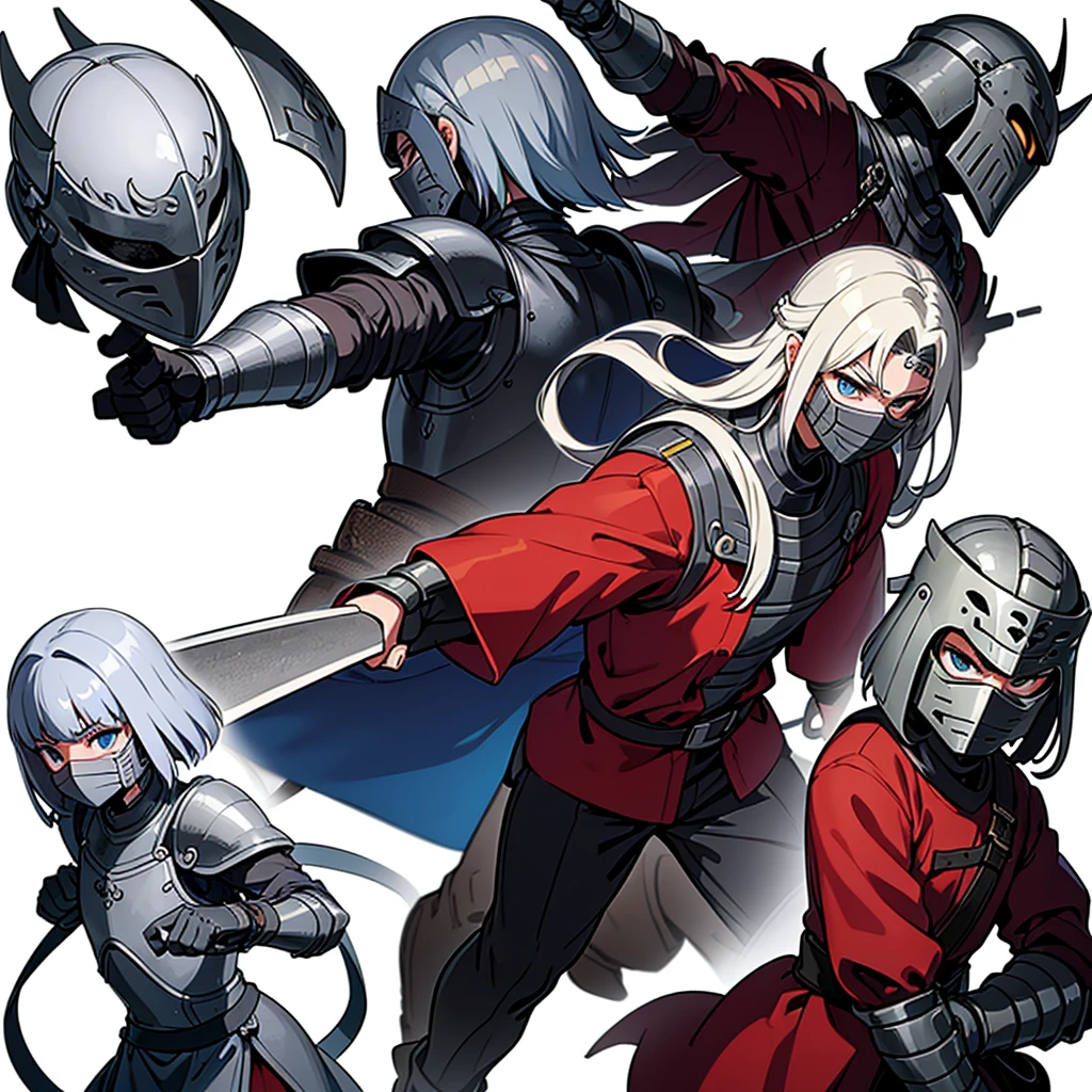 ((whole body、Detailed character design))、(From the back、Back view)、Highest quality, Best Quality,Best illustrations、(((Iron Mask、pocket、Iron Helmet)))、Medieval Armor、Medieval Knight、whole bodyが灰色の鎧、(((20-year-old male)))、Dramatic Angle、(battle)、battlefield、Movement angle、Grab the sword、(Fighting stance)、Run、(((White background)))
