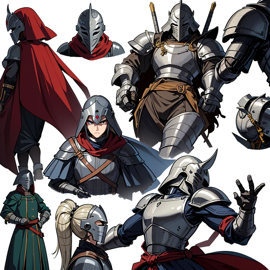 ((whole body、Detailed character design))、(From the back、Back view)、Highest quality, Best Quality,Best illustrations、(((Iron Mask、pocket、Iron Helmet)))、Medieval Armor、Medieval Knight、whole bodyが灰色の鎧、(((20-year-old male)))、Dramatic Angle、(battle)、battlefield、Movement angle、Grab the sword、(Fighting stance)、Run、(((White background)))