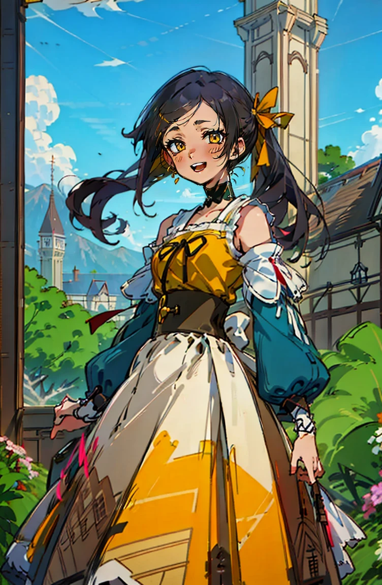 colorful, up-close, black hair, ultra-realistic hair quality, vibrant colors, beautiful long hair, shiny hair, detailed hairs, hair ribbon, one side up, hui xiyi, rekkyo sensen, no sleeves, sleeveless, open shoulders, cinderella, drawing, panniers and cinderella, cinderella dresses, lace dress, long-one-piece dress, white stockings, stockings, chest exposure, lace underwear, metamorphosis is exposed, buckles, choker, black choker, skirt in dress, panniers in dresses)), backgroundwith ((architecture, blue sky, building, bush, castle, city, cityscape, cloud, cloudy sky, day, fence, field, garden, grass, ground vehicle, hill, house, lamppost, landscape, mountain, mountainous horizon, nature, no humans, outdoors, palm tree, park, path, pavement, plant, road, rock, scenery, shrine, sky, skyline, skyscraper, street, tower, tree, tree shade, wall))