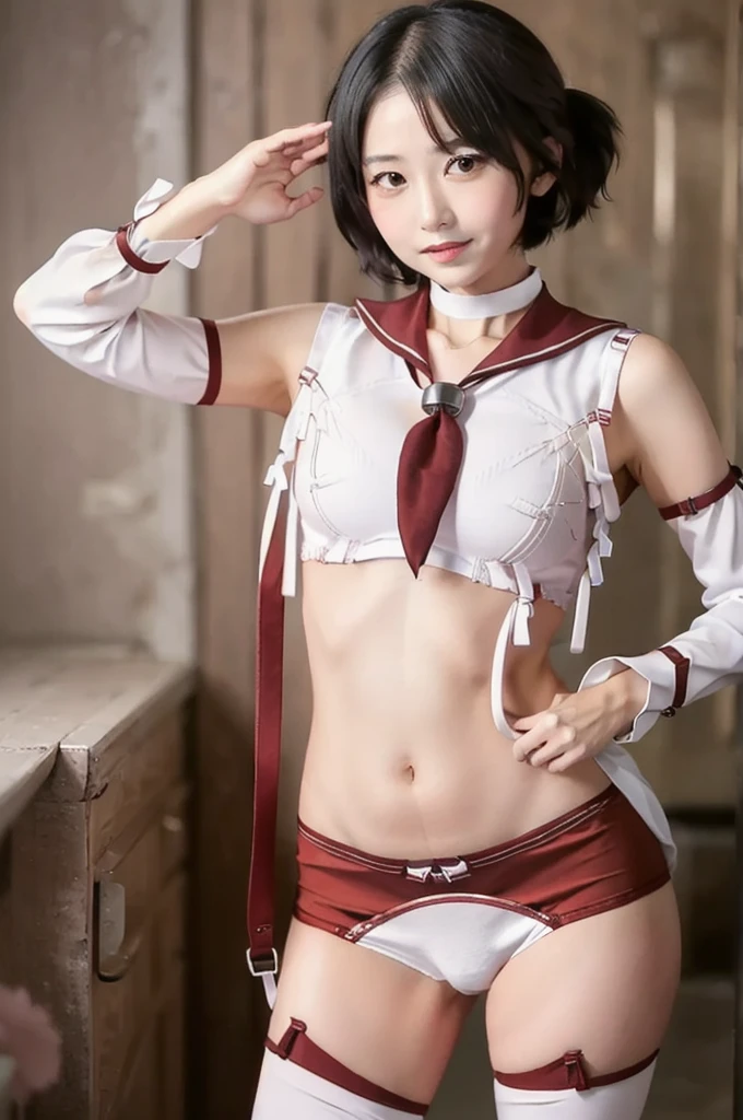 nagaraKC, 1girl, 独奏, short hair, skirt, ,detached sleeves, serafuku, sailor collar, neckerchief, headband, red skirt, one side up, red sailor collar,white thighhighs, (panties), (bra), (In underwear), (Flashy underwear), (lingerie), 