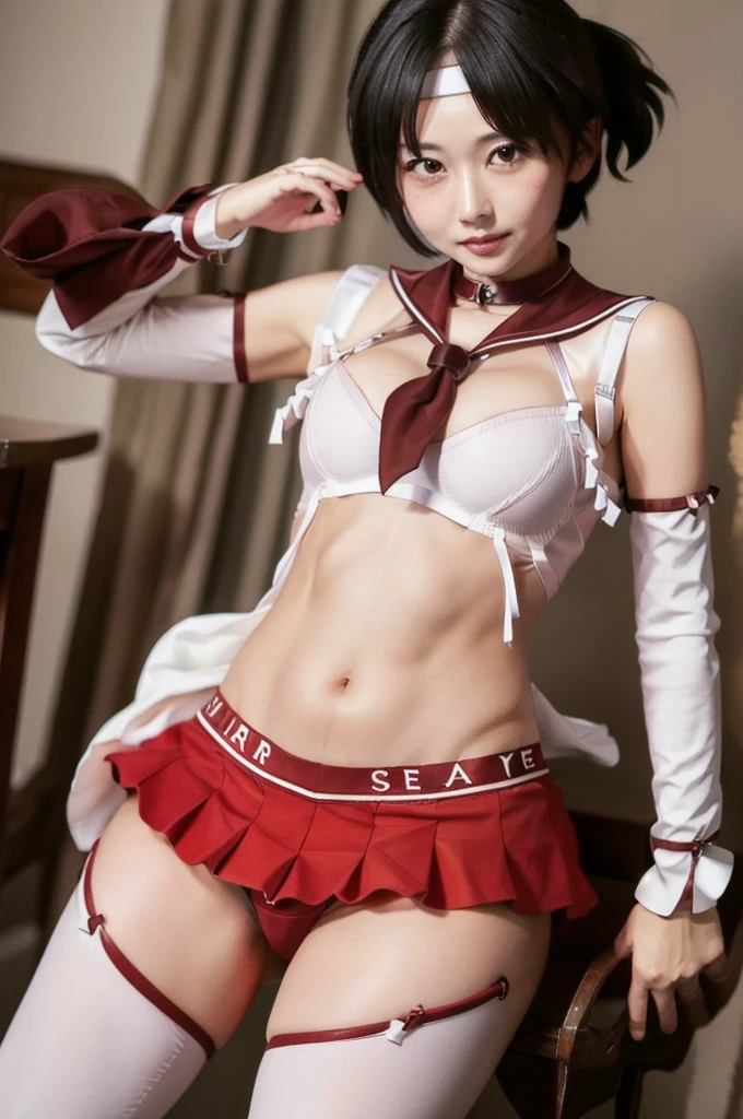 nagaraKC, 1girl, 独奏, short hair, skirt, ,detached sleeves, serafuku, sailor collar, neckerchief, headband, red skirt, one side up, red sailor collar,white thighhighs, (panties), (bra), (In underwear), (Flashy underwear), (lingerie),