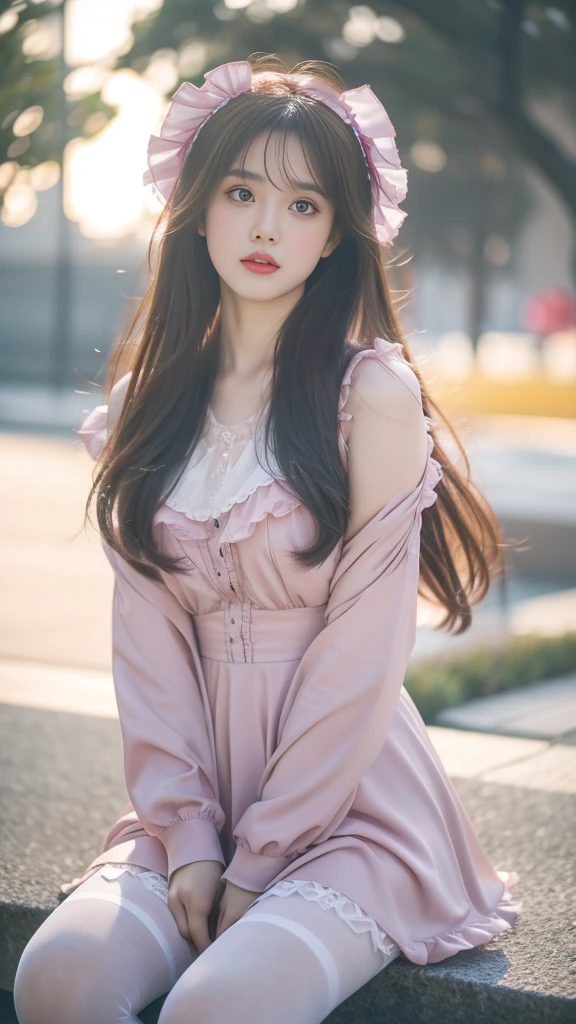 8K, Ultra HD, masterpiece, 1 girl, Very cute face, Delicate eyes, Extra long hair, Delicate lips, Light makeup, very highly detailed costume, Lolita clothing, Magenta clothing, Strom Weather, cloud, Low lighting, an blowing, Pantyhose