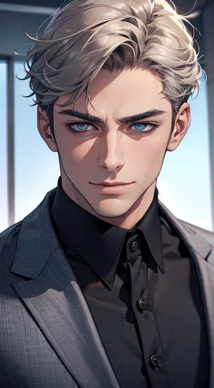 (best quality,4k,8k,highres,masterpiece:1.2),ultra-detailed,(realistic,photorealistic,photo-realistic:1.37),1 man,31 years old,mature man,very handsome,without expression,smile,short grey hair,blue eyes,penetrating gaze,perfect face without errors,imposing posture,businessman,office background,cinematic lighting,hdr image