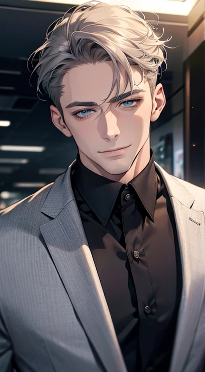 (best quality,4k,8k,highres,masterpiece:1.2),ultra-detailed,(realistic,photorealistic,photo-realistic:1.37),1 man,31 years old,mature man,very handsome,without expression,smile,short grey hair,blue eyes,penetrating gaze,perfect face without errors,imposing posture,businessman,office background,cinematic lighting,hdr image