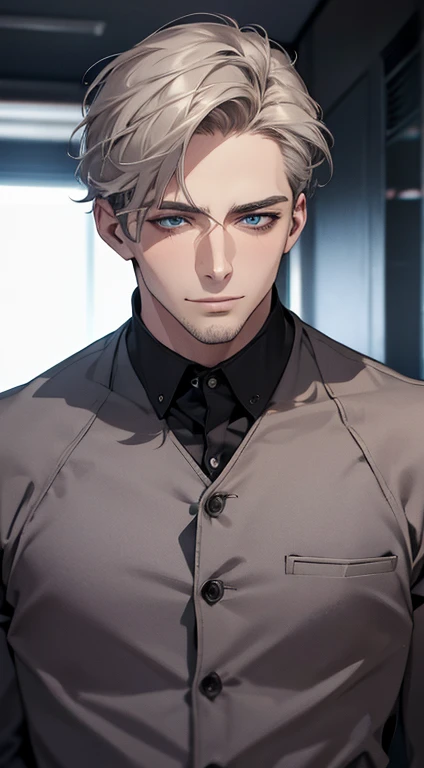 (best quality,4k,8k,highres,masterpiece:1.2),ultra-detailed,(realistic,photorealistic,photo-realistic:1.37),1 man,31 years old,mature man,very handsome,without expression,smile,short grey hair,blue eyes,penetrating gaze,perfect face without errors,imposing posture,businessman,office background,cinematic lighting,hdr image