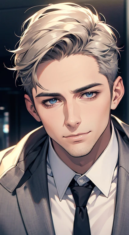 (best quality,4k,8k,highres,masterpiece:1.2),ultra-detailed,(realistic,photorealistic,photo-realistic:1.37),1 man,31 years old,mature man,very handsome,without expression,smile,short grey hair,blue eyes,penetrating gaze,perfect face without errors,imposing posture,businessman,office background,cinematic lighting,hdr image