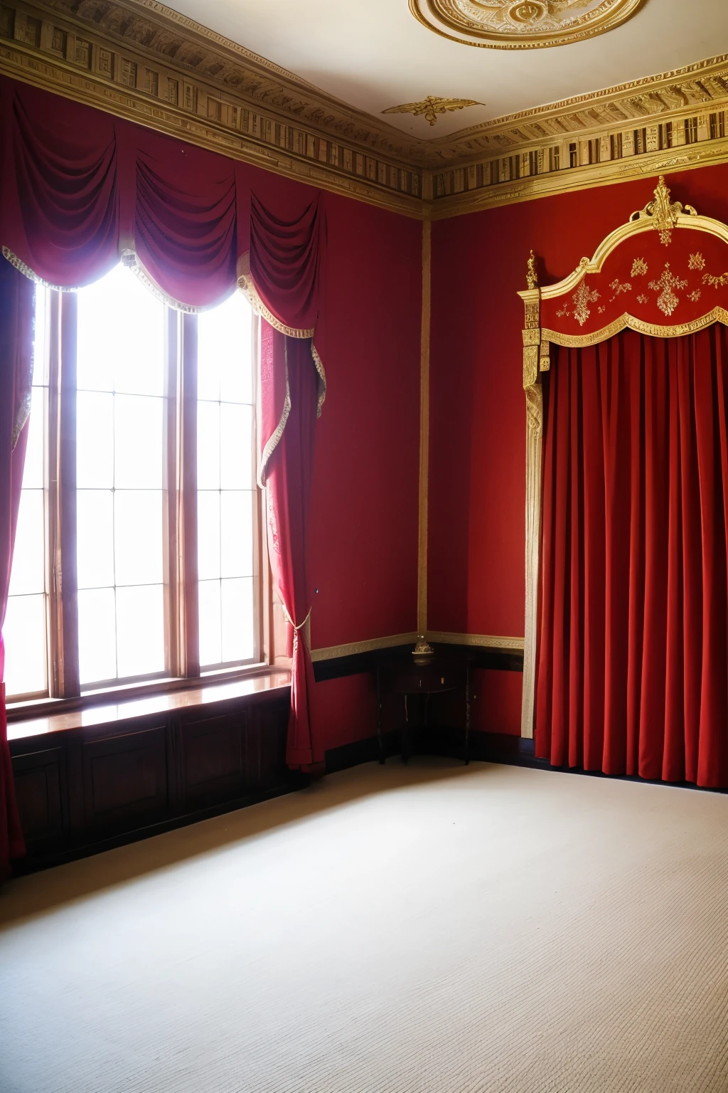 large corner of an empty room with large windows and red curtains of a palace
