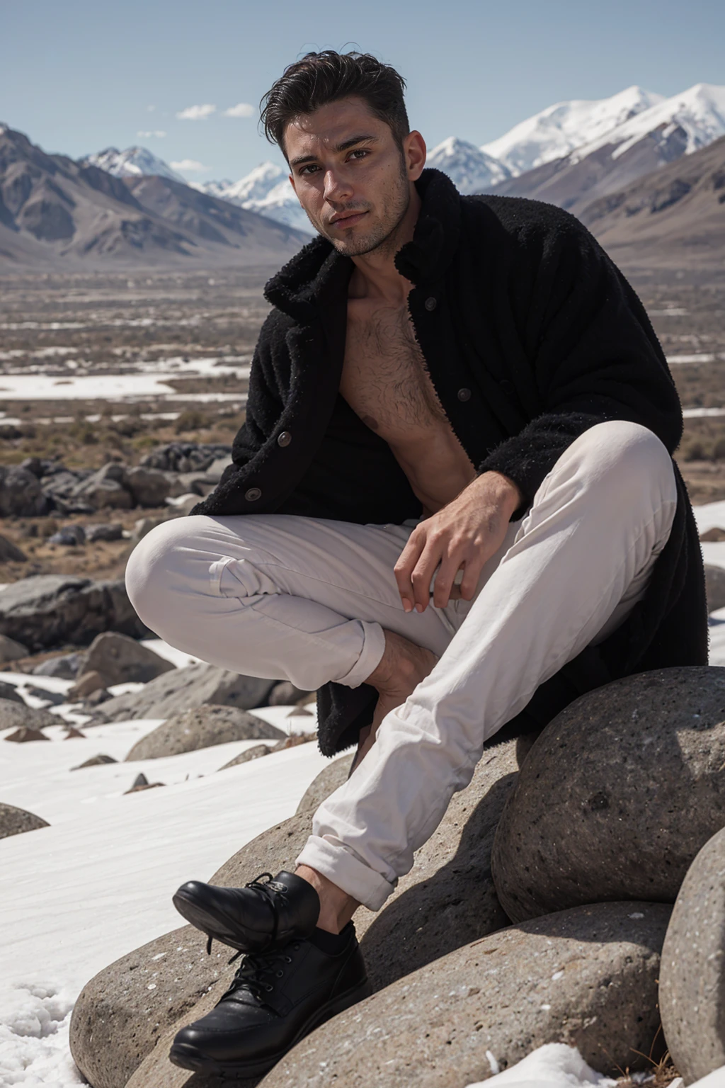 Real image of a handsome Turkish man model 30 years old with short beard and short black hair, shirtless, with a black fur coat, tailor wearing white pants sitting on a rock, looking seriously at the camera, arid mountainous and snowy area. Landscape of Mendoza Argentina.